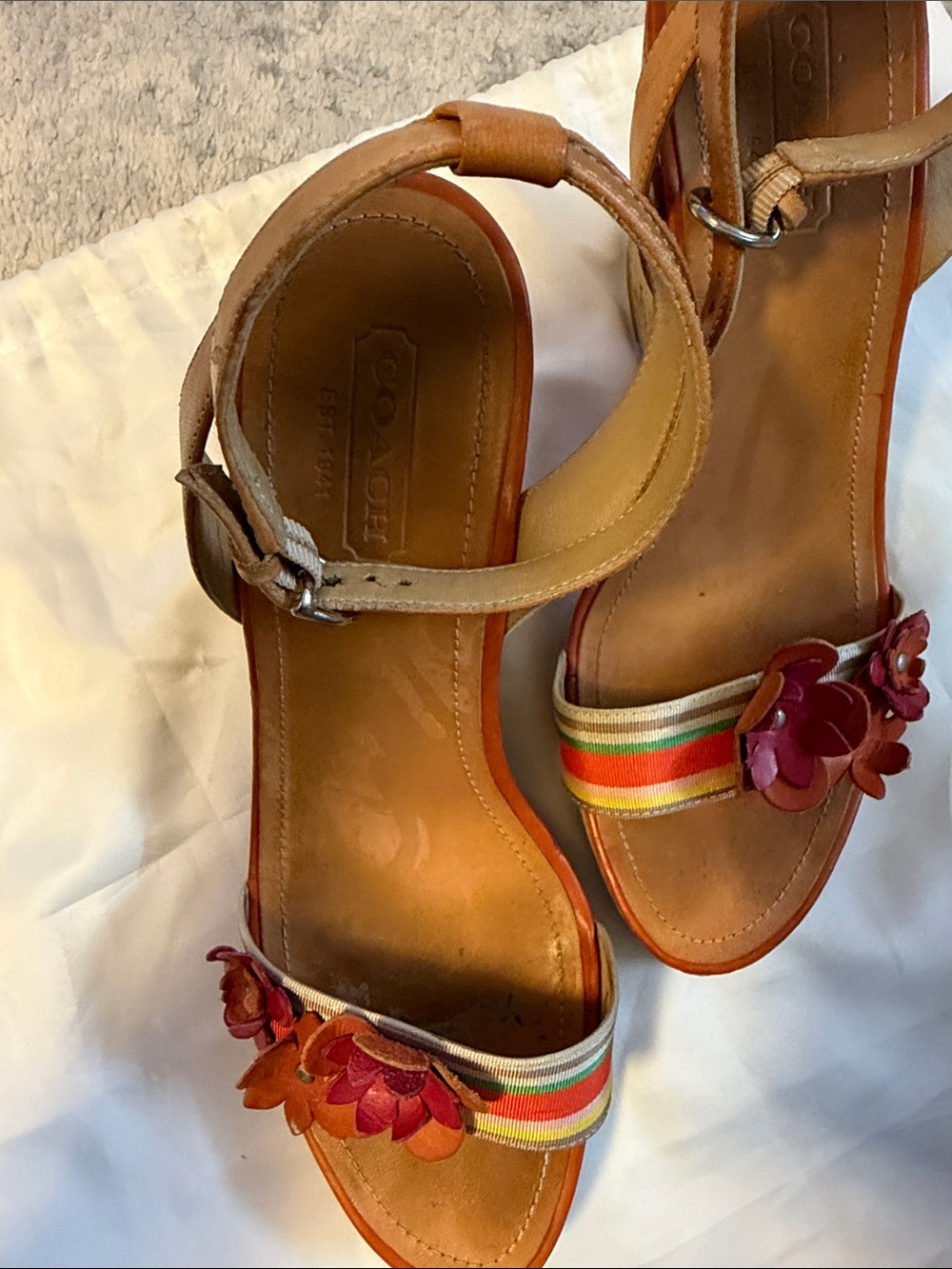Coach Tan Leather Heeled Sandals with Multicolor Stripe and Red Floral Detail